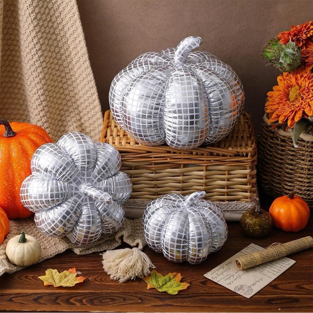 3 Pcs Mirrored Pumpkin Throw Pillows Cute 3D Pumpkin Decorative Pumpkins